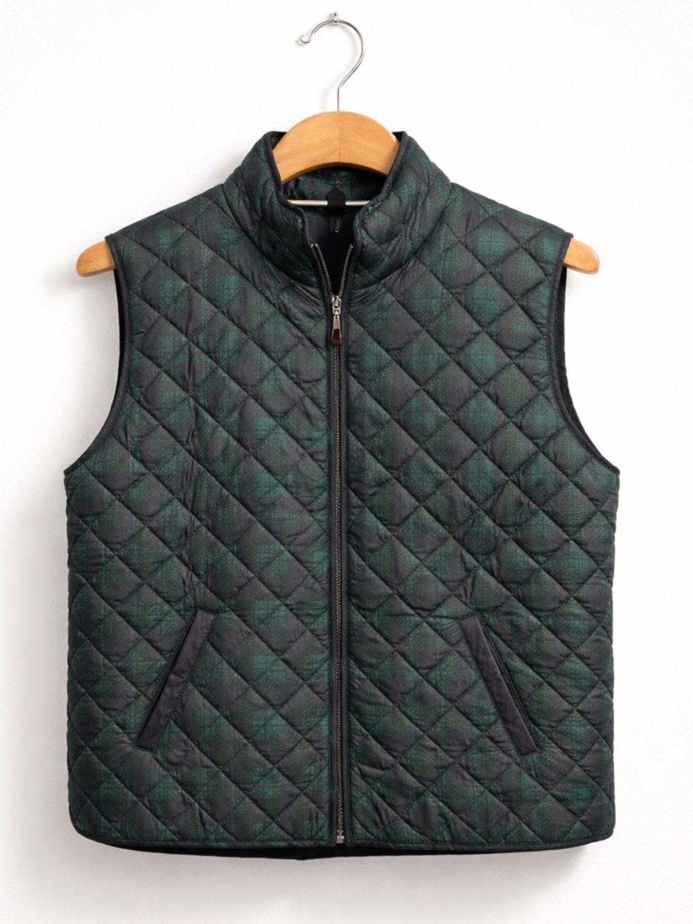 Karen Scott Sport Blue And Green Plaid Quilted Sleeveless Mock Neck Zip Up Vest